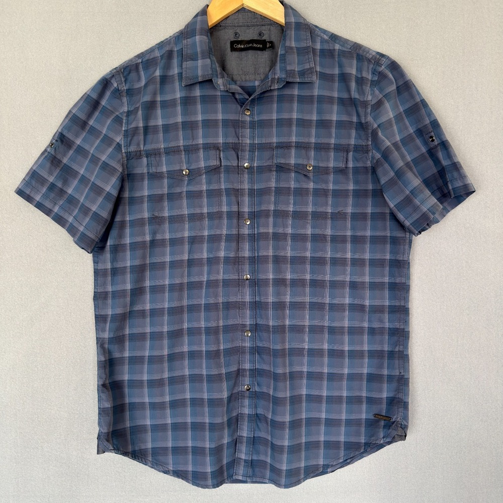 Calvin Klein Jeans Shirt Mens Medium Blue Plaid Short Sleeve Snap Button Pockets